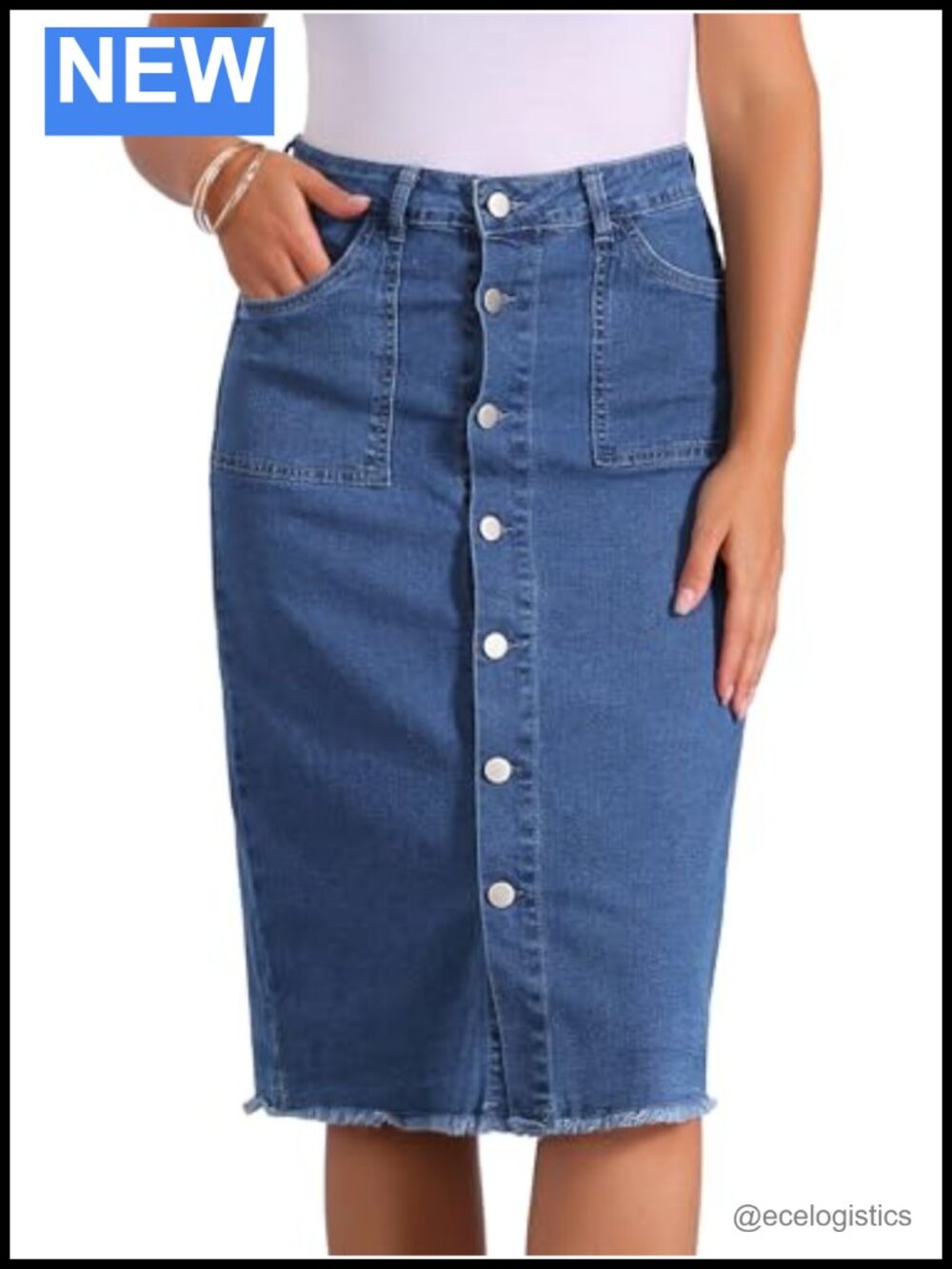 High Waist Button Down Denim Midi Jean Skirt Frayed Raw Hem Pockets